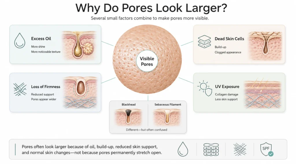 Why do pores start looking larger in the first place?