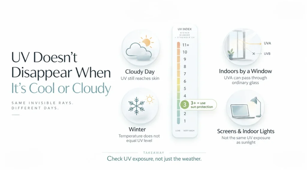 Cloud, Winter and Windows Do Not Make UV Disappear
